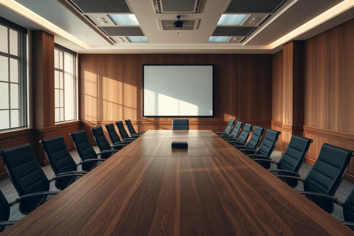 Empty corporate boardroom with a long wooden table